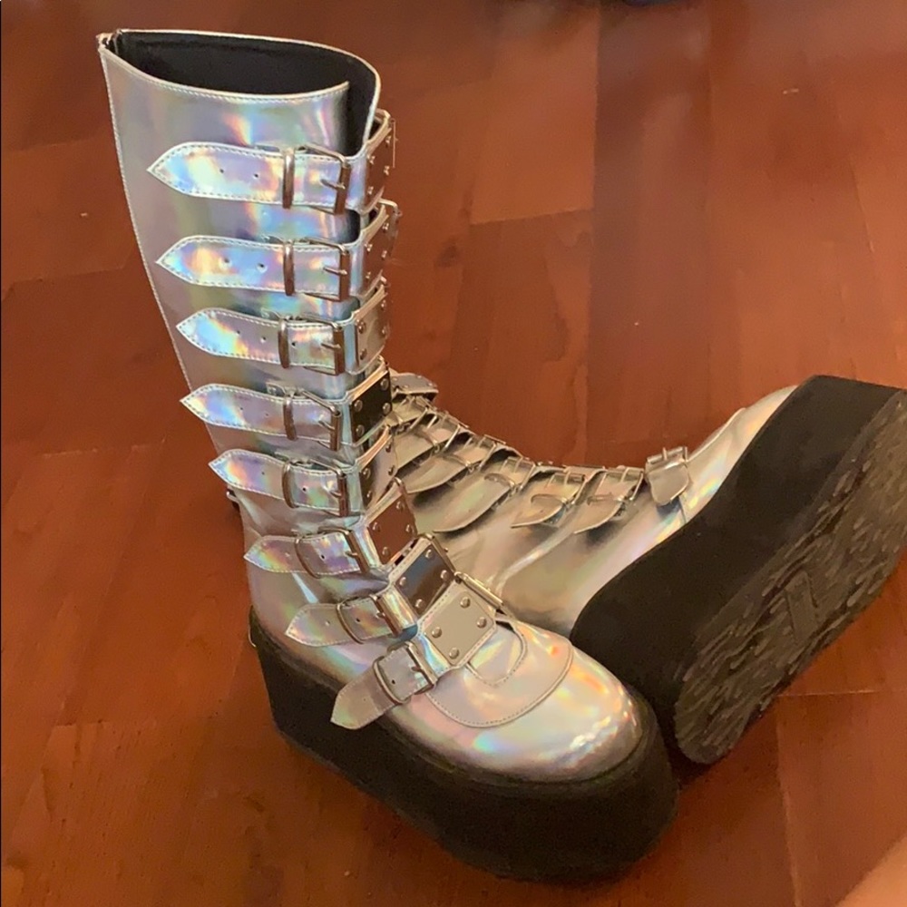 Demonia silver knee high platform festival boots